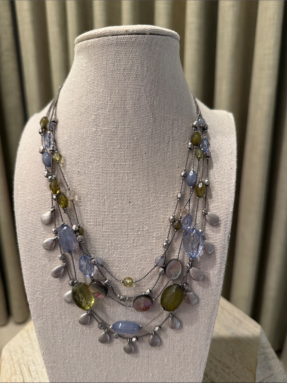 Multi Strand Blue, Green and Silver Beaded Necklace